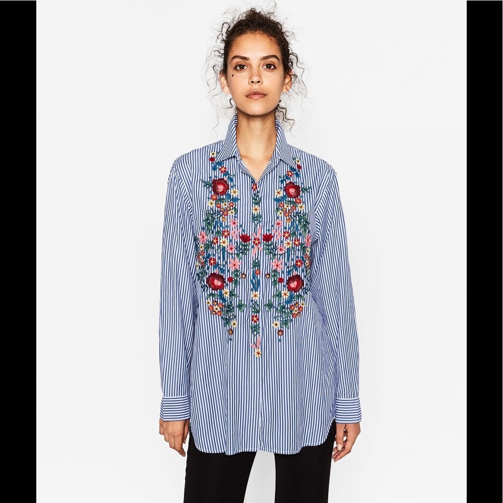 Zara striped floral embroidered poplin shirt